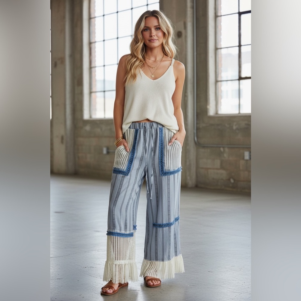NWT POL Clothing Boho Bohemian Striped Crochet Mesh Patchwork Wide Leg Pants - Picture 5 of 11